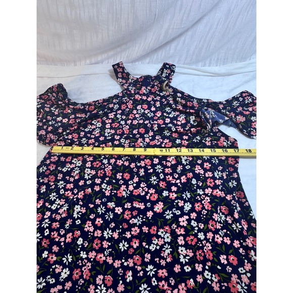 Michael Kors Womens XL Floral Cold Shoulder Blouse Navy Pink Halter Top - Picture 4 of 6